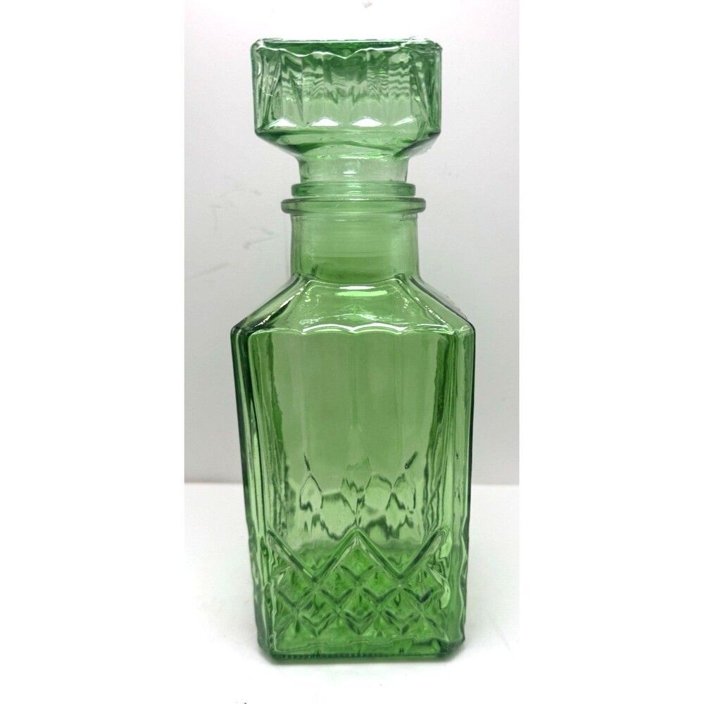 Emerald Green Glass Whiskey Decanter 10" H Diamond Cut MCM